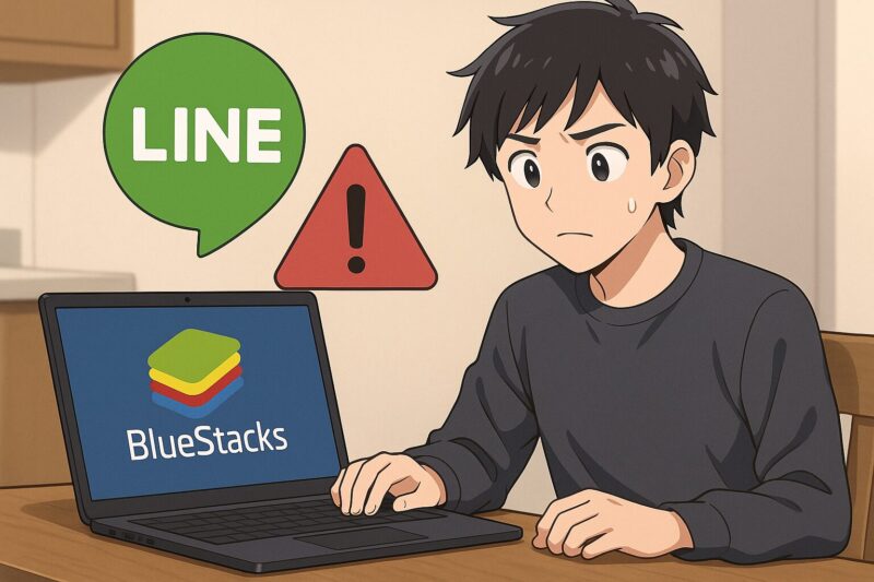 アニメ風イラスト、若い男性がBlueStacksを映したノートPCを前にLINEアイコンと警告マークを見つめ、実名アプリの安全性を案じる