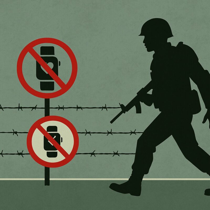 自衛隊を想起させる兵士シルエットと「スマートウォッチ禁止」標識を組み合わせたイラスト