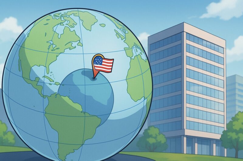 アニメ風イラスト、地球儀に米国旗ピンが立ち、背後に近代的オフィスビルが描かれ開発元の所在地と信頼性を示す