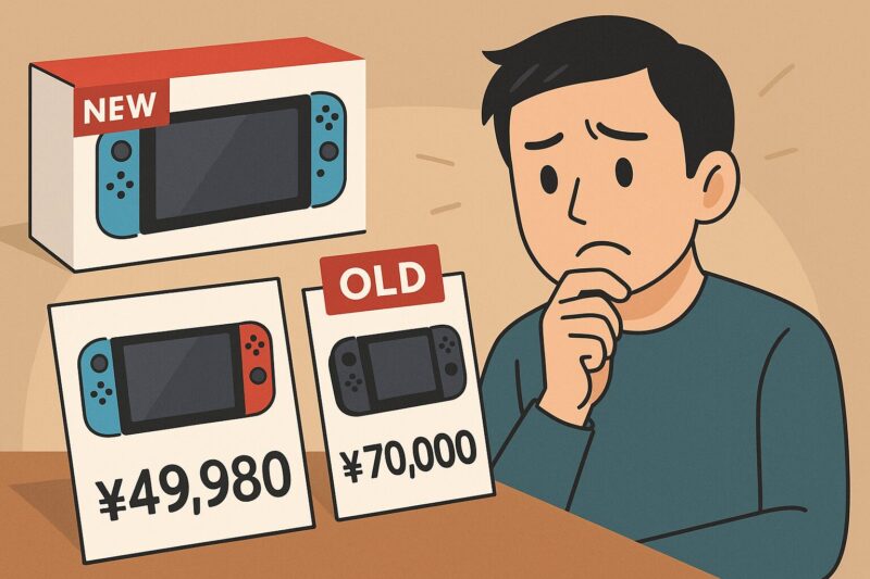 正規価格の新型Switch2と高額転売された旧型Switchを比較し悩む男性を描いた16:9イラスト