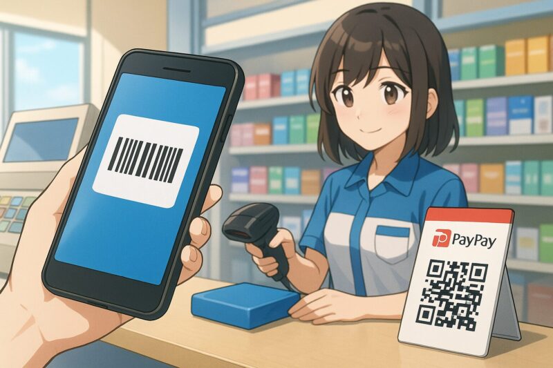 コンビニレジで女性店員がバーコードを読み取り、手前のスマホにatoneの支払いバーコードとPayPay QRコードが並ぶアニメ風シーン