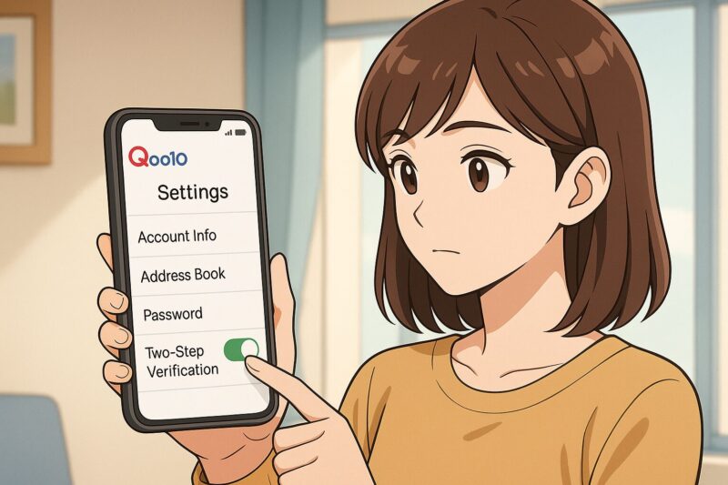 Qoo10アプリで二段階認証を有効化する若い女性を描いたアニメ風イラスト
