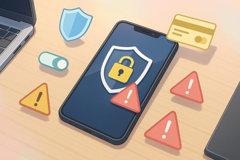 机の上に置かれたスマホの周囲にシールド、警告アイコン、クレジットカード、トグルスイッチが浮かぶアニメ風イラスト