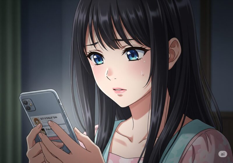 スマートフォンを見て不安な表情を浮かべる若い女性のアニメ風イラスト。写真編集アプリの危険性や落とし穴に対する懸念を表現
