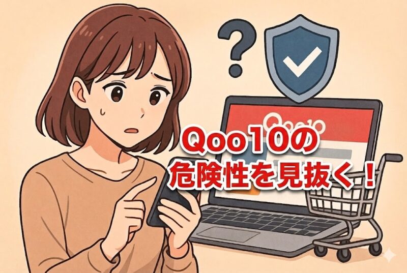 スマホ画面にQoo10を表示したノートPCと、心配そうに覗き込む若い女性、セキュリティ盾アイコンと買い物カートが並ぶアニメ風イラスト
