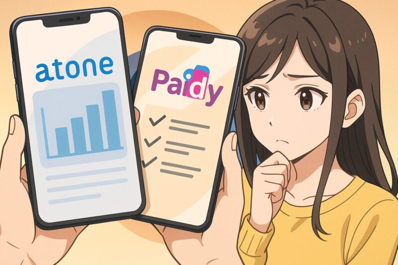 若い女性がatoneとPaidyの比較画面を表示した2台のスマホを見比べ、リスクを検討するアニメ風イラスト