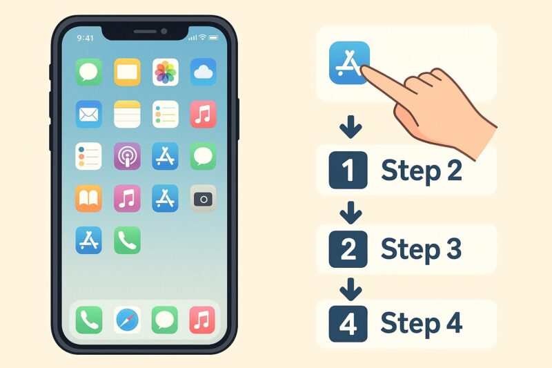 アニメ風スマートフォン画面と右側に4ステップの縦フロー図。手がApp Storeアイコンをタップし、矢印で順番を示しながら短時間で完了する設定手順