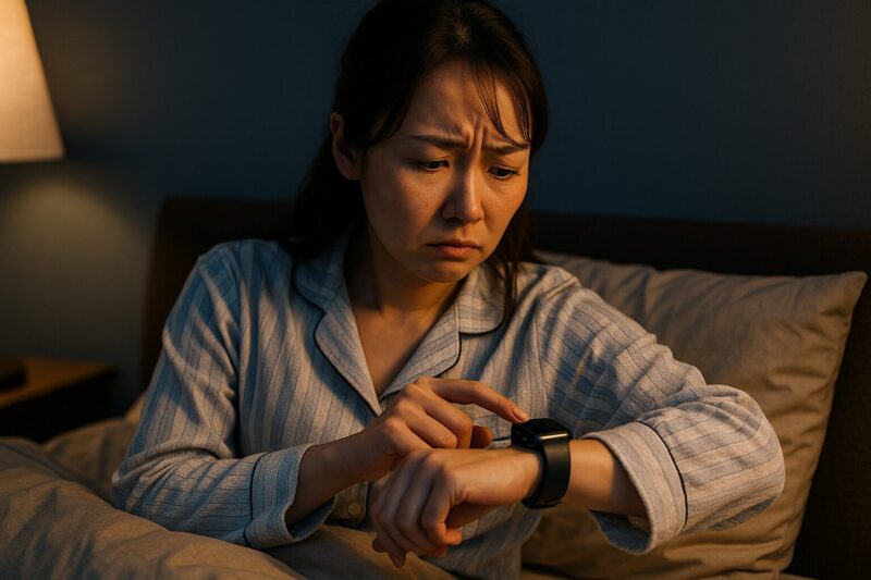 夜の寝室でパジャマ姿の日本人女性がスマートウォッチの数値を気にして不安そうな表情を浮かべている場面