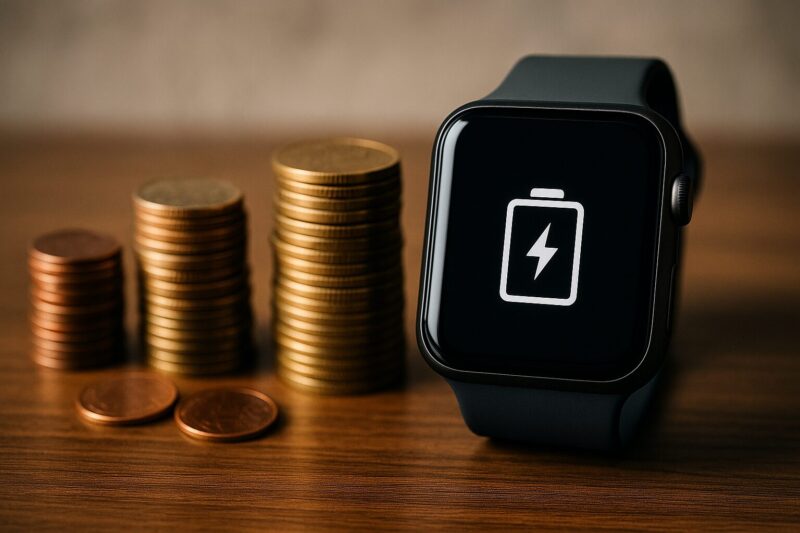 充電アイコンを表示するスマートウォッチと積み重なったコインが並び隠れたランニングコストを示唆するイメージ