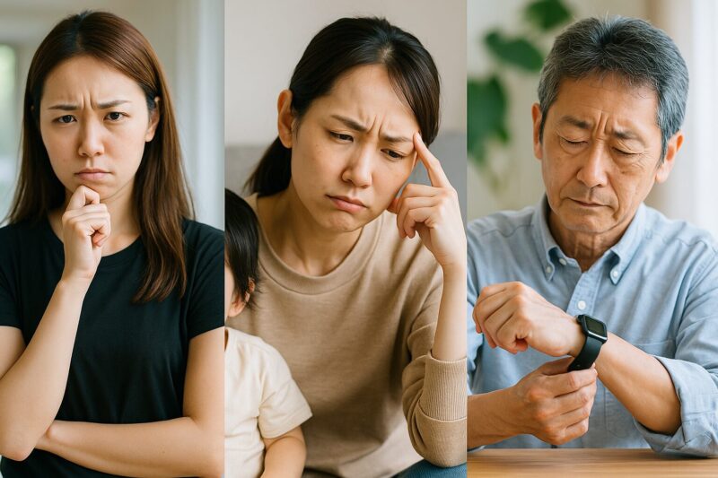 20代女性・30代の母親・50代男性それぞれがスマートウォッチに戸惑い悩む表情を見せる3分割写真