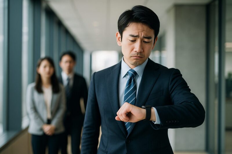 ビジネススーツ姿の日本人男性がスマートウォッチを気にしながら周囲の視線を感じているオフィスシーン