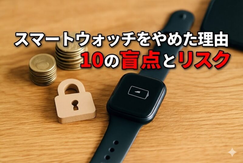 木製デスク上に置かれた充電切れのスマートウォッチとパドロックの置物、隣に積まれた硬貨が費用とセキュリティの不安を象徴する