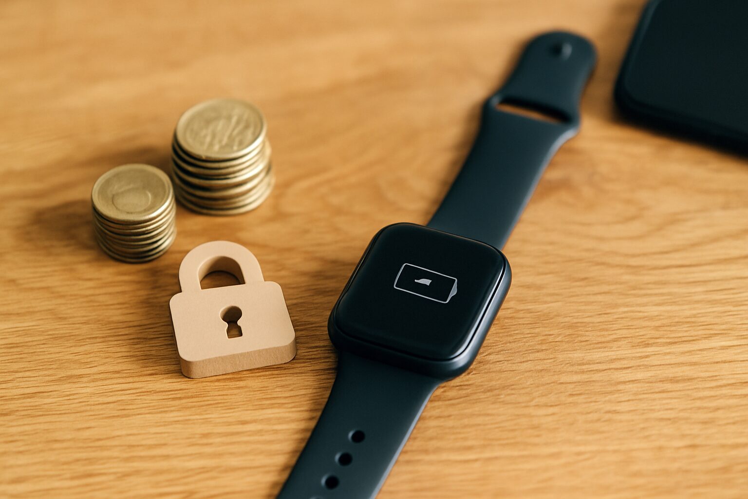 木製デスク上に置かれた充電切れのスマートウォッチとパドロックの置物、隣に積まれた硬貨が費用とセキュリティの不安を象徴する