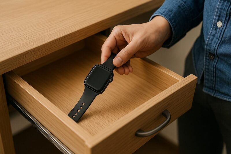 デニムシャツの人物が使わなくなった黒いスマートウォッチを木製の引き出しにしまう様子