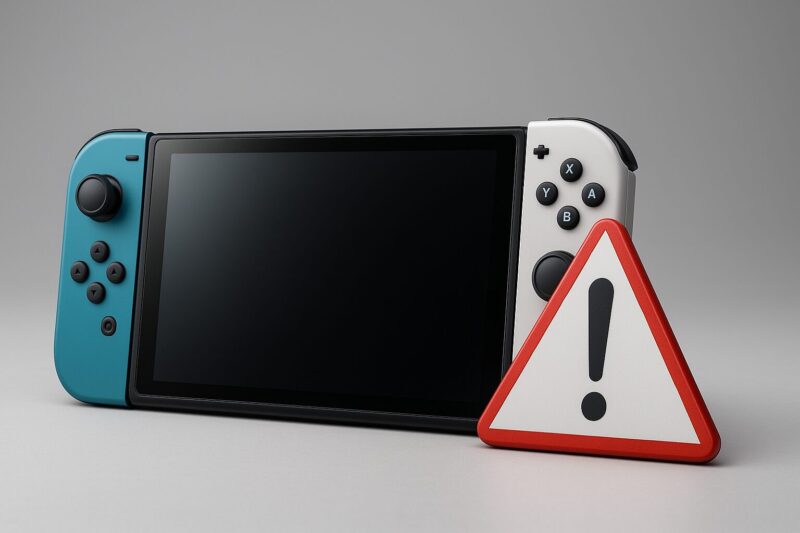 警告標識と並ぶハンドヘルドゲーム機を写した16:9写真で、Switch2詐欺の注意喚起を示す