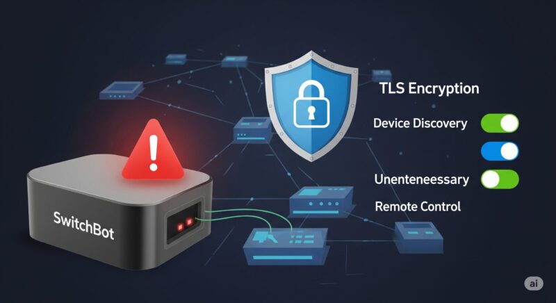 SwitchBotデバイスの盗聴リスクと、TLS暗号化や不要な機能の無効化といった対策を示す画像