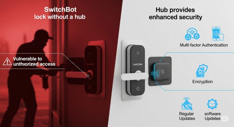 ハブなしでSwitchBotスマートロックを使用することの危険性と、推奨されるセキュリティ対策を示す分割画像
