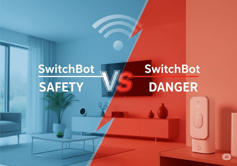 SwitchBotの安全性と危険性を強調したブログ投稿用の魅力的な画像