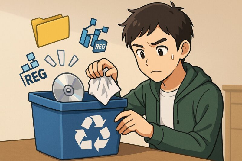 アニメ風イラスト、若い男性がBlueStacks関連フォルダとレジストリアイコンを示すゴミ箱にファイルを捨て完全アンインストールを実践する場面