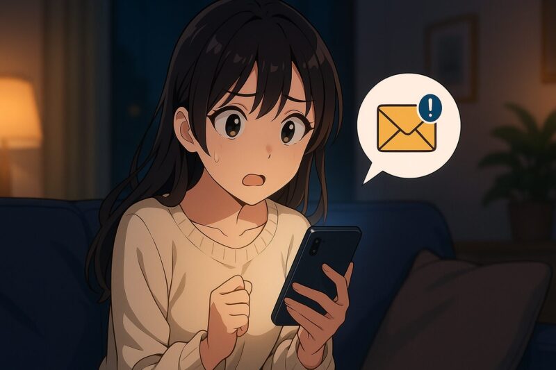 夜のリビングでスマホ通知に驚く日本人女性を描いたアニメ風イラスト。後払い請求トラブルの不安を象徴