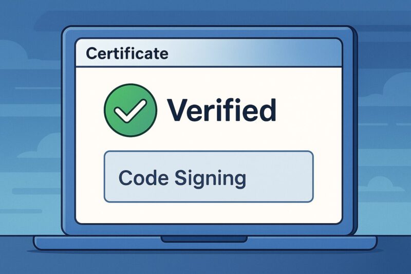 アニメ風のラップトップ画面に「Certificate」と表示されたウィンドウ、緑のチェックマークと“Verified”の文字がコード署名の安全性を示す