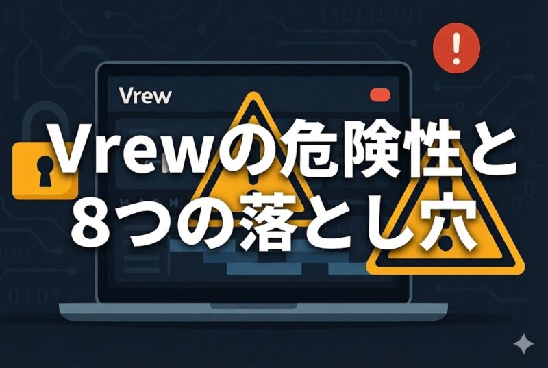 動画編集ツールVrewの危険性を示すラップトップ画面に警告アイコン、ロック、タイムラインを配したイラスト