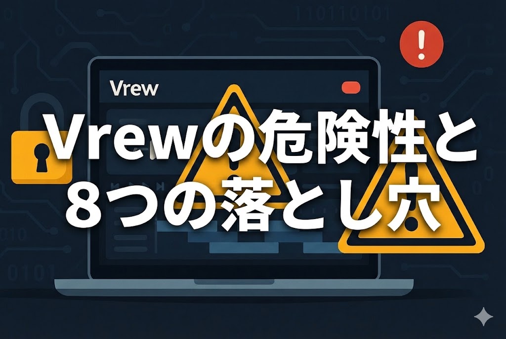 動画編集ツールVrewの危険性を示すラップトップ画面に警告アイコン、ロック、タイムラインを配したイラスト