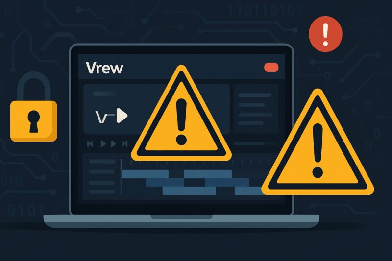 動画編集ツールVrewの危険性を示すラップトップ画面に警告アイコン、ロック、タイムラインを配したイラスト