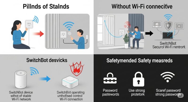 Wi-Fi接続なしでSwitchBotデバイスを操作する際の落とし穴と推奨される安全対策を表す画像