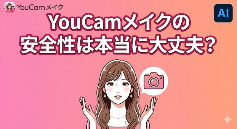 YouCamメイクの安全性は本当に大丈夫？という文字と、不安げな表情で考える女性のイラスト