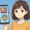 短めの髪の若い女性が4:3比率の画面内でスマホを手に持ち、メイクパレットと錠前付きシールドアイコンを見せるアニメ風イラスト