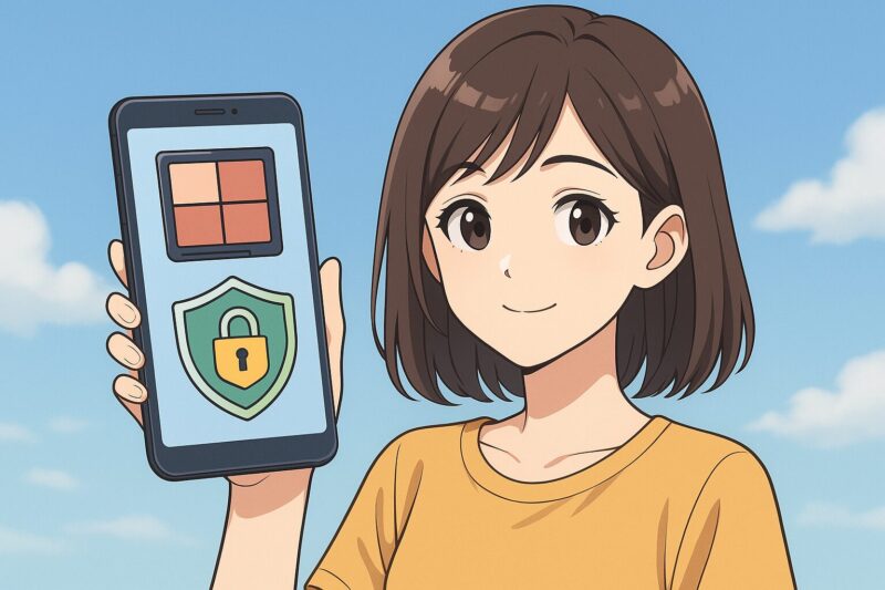 短めの髪の若い女性が4:3比率の画面内でスマホを手に持ち、メイクパレットと錠前付きシールドアイコンを見せるアニメ風イラスト