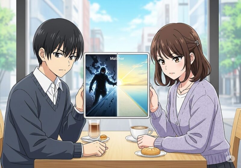 アニメ風のイラストで、就活生の男女がタブレットを見ながら、OB訪問アプリの危険と安全について考えている様子を表現したアイキャッチ画像。画面には危険な影と明るい未来が対比的に描かれている。