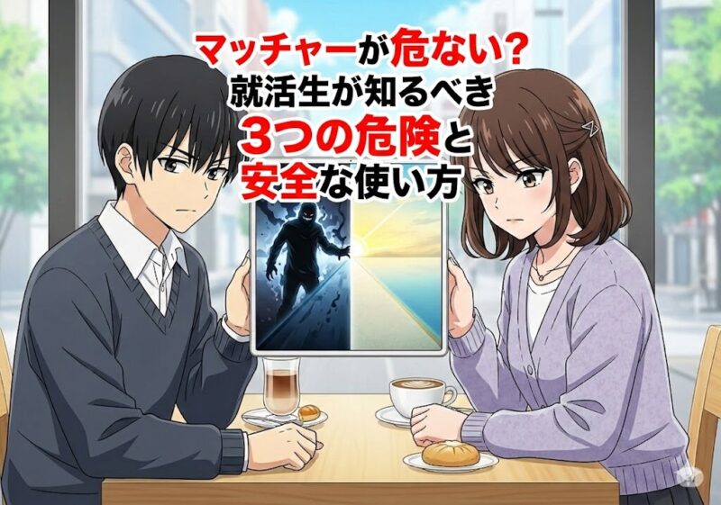 アニメ風のイラストで、就活生の男女がタブレットを見ながら、OB訪問アプリの危険と安全について考えている様子を表現したアイキャッチ画像。画面には危険な影と明るい未来が対比的に描かれている。