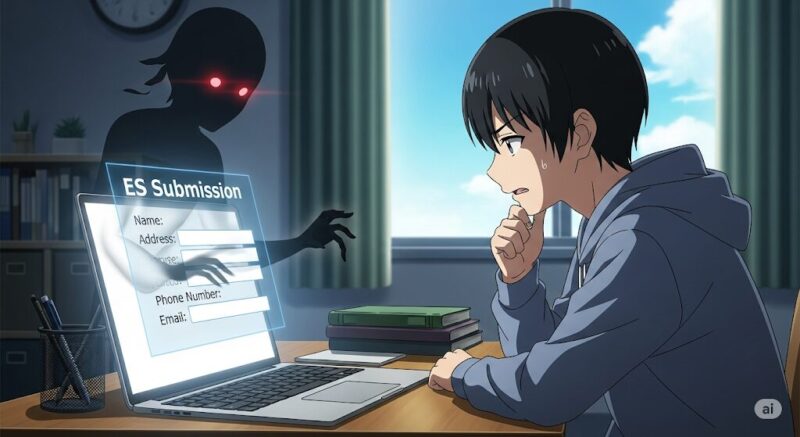 ノートパソコンを見つめる男性。画面には個人情報入力フォームが表示され、その背後には怪しい影が潜み、個人情報抜き取りの危険性を描いたアニメ風イラスト。