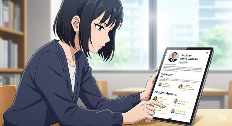 タブレットで社会人のプロフィールを真剣にチェックする女性。本人確認マーク、詳細な経歴、レビューなどを確認し、優良な相手を見抜く様子を描いたアニメ風イラスト。