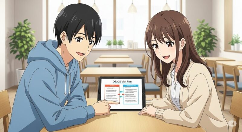 カフェでタブレットを見ながら、二人で就活の戦略を立てている男女。協力してOB訪問を行う様子を描いたアニメ風イラスト。