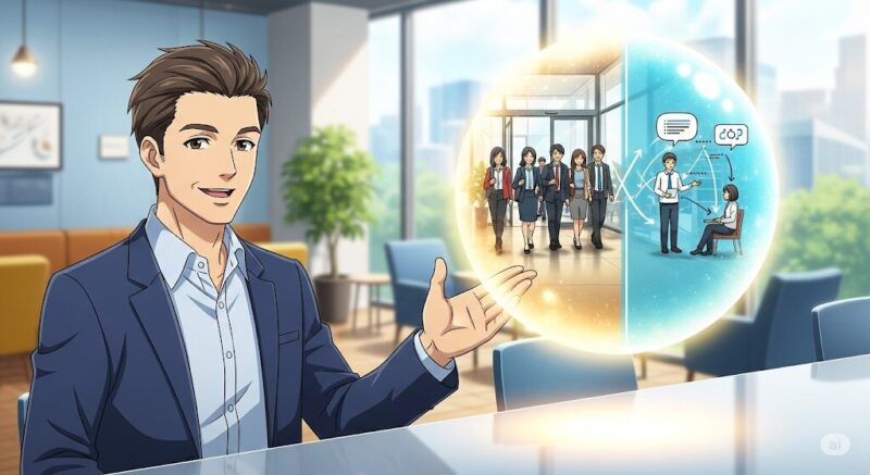 ビジネスマンが、企業のリファラル採用や自己啓発といった社会人側のメリットが描かれた光の玉を指さして説明している、アニメ風イラスト。