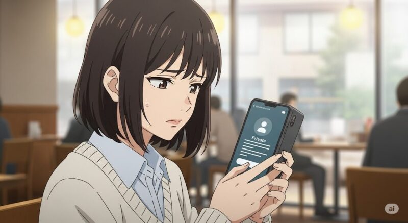 カフェでスマホを見つめ、少し戸惑った表情を浮かべる女性。画面にはプライベートなメッセージが映り、不審な相手に警戒する様子を描いたアニメ風イラスト。
