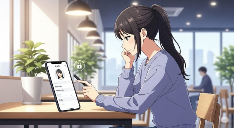 スマホを真剣な表情で操作する女性。画面にはプロフィール編集画面があり、セキュリティを意識した設定をしている様子を描いたアニメ風イラスト。
