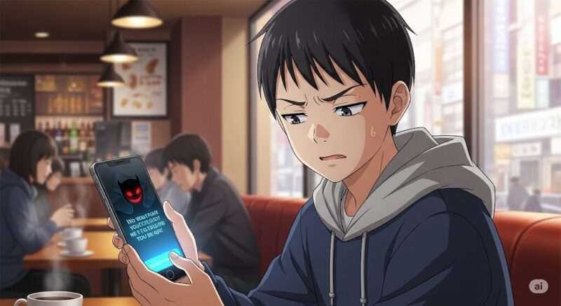 カフェでスマートフォンを見つめる男性。画面には危険な影が映っており、OB訪問アプリに潜むリスクに警戒している様子を描いたアニメ風イラスト。