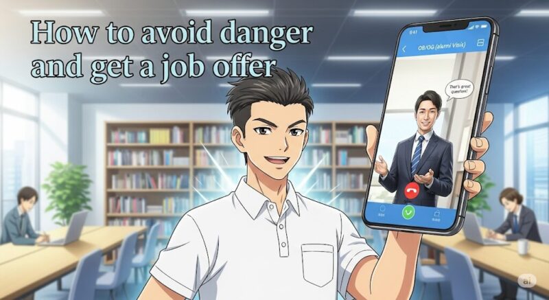 スマホを自信を持って見せる就活生。画面には面談相手の社会人が映り、図書館のような場所で安心してOB訪問をしている様子を描いたアニメ風イラスト。