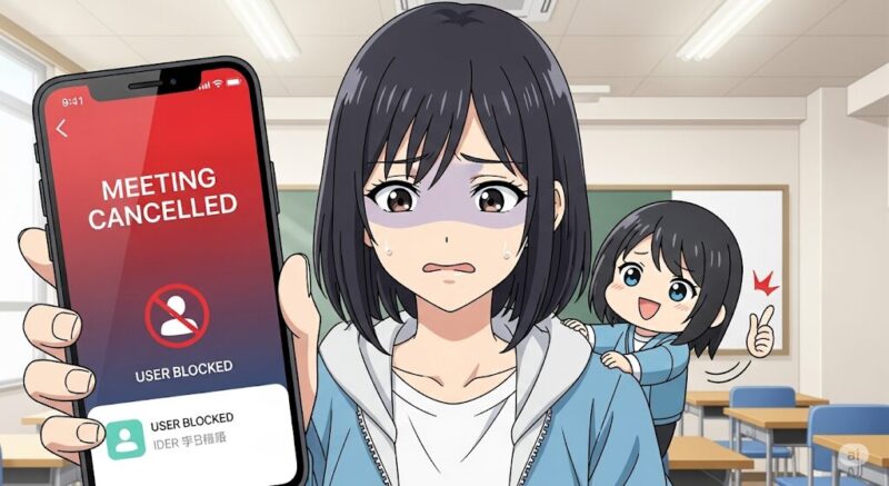 スマホの画面に「面談キャンセル」の通知が表示され、困惑した表情を浮かべる女性。その後ろでサポートのキャラクターが励ましており、トラブル時も安心できる様子を描いたアニメ風イラスト。