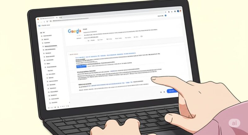 ノートパソコンの画面に表示されたGoogleアカウントの設定画面を指さす手。複数のデバイスをまとめて管理する様子を表している。
