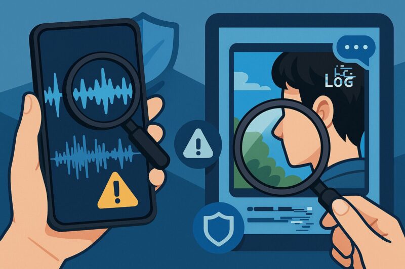 スマホの波形と写真の細部を虫眼鏡で検証するアニメ風図。警告・盾アイコンで安全確認を示し、偽音声と偽画像の見抜き方を表現