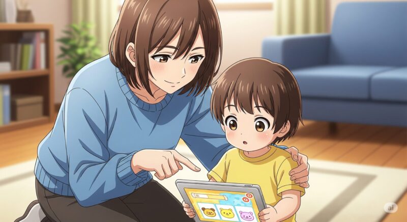 親が子供にタブレットの使い方をやさしく教えている。インターネットの安全な利用とペアレンタルコントロールを象徴している。