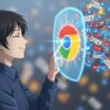 人物が安心した表情で画面をタップすると、プライバシーを守る盾のアイコンが起動し、背後の不要なトレンド情報が消えていく様子。