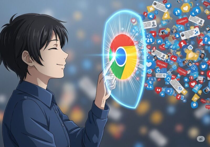 人物が安心した表情で画面をタップすると、プライバシーを守る盾のアイコンが起動し、背後の不要なトレンド情報が消えていく様子。