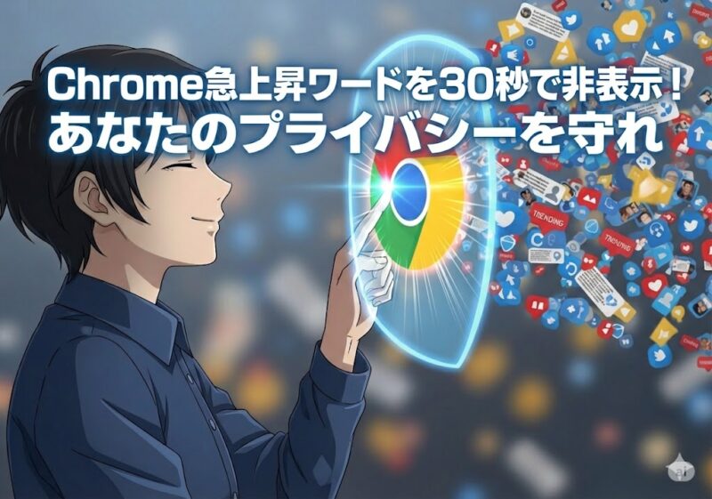 人物が安心した表情で画面をタップすると、プライバシーを守る盾のアイコンが起動し、背後の不要なトレンド情報が消えていく様子。