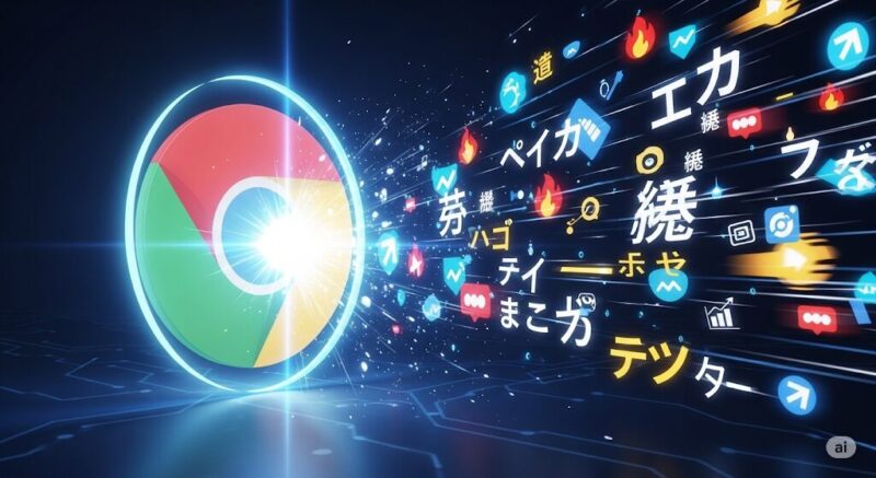 oogle Chromeのロゴが盾となり、トレンドを示す文字やアイコン(炎、矢印)の奔流を弾いている。急上昇ワードの非表示化を象徴している。